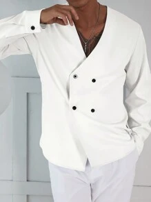 Manfinity Homme 男士休闲纯色 V 领双排扣衬衫，春/秋 - 白色 - 查看 5