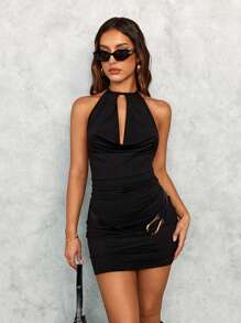 SHEIN SXY Summer;Fall Women Clothes;Black Skirt; Women's Black Solid Color ;Black Plunging Neck Mini Dress With Belt,Party/Date Night/Party Mini Dress Sexy Elegant Mini Dress/Valentine's Day Dress/Homecoming Dress/Club Dress For Womenholiday Party Dress - Black - View 5