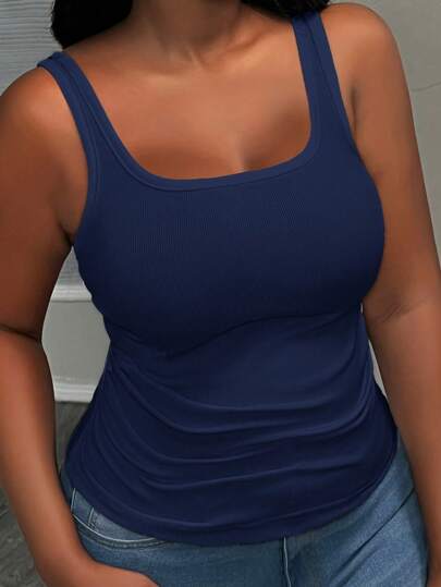 Slaydiva 女式加大码基本款吊带背心，休闲窄罗纹针织不对称褶皱无袖深 U 领