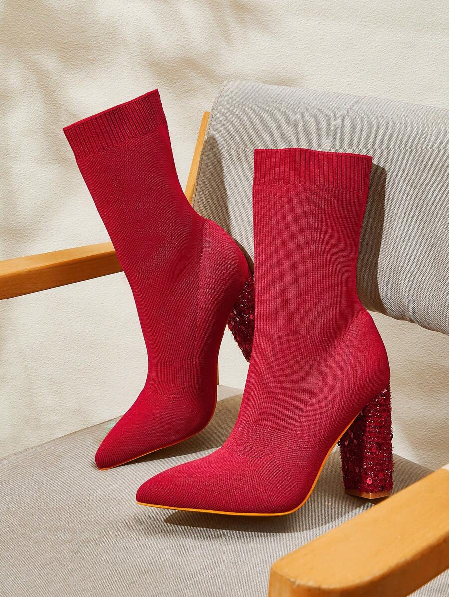 CUCCOO BASICS Women Red Pointed Toe Elastic Thick High Heel One-Push-On Knitted Ankle Boots Spring Shoes Spring Break Easter - Red - View 1