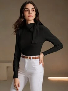 Anewsta Áo len chui đầu thiết kế nơ vai màu trơn thanh lịch dành cho nữ, thích hợp cho mùa thu, mùa đông, đi chơi, giải trí, trang trọng, tiệc tùng, thời trang, năm mới, giáng sinh, công sở, tốt nghiệp, đám cưới - màu đen - Xem 7