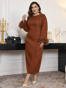 Modelyn Vestido de Body ceñido con mangas globo de estilo retro y cuello redondo, vestido elegante de mujer estilo maxi para otoño/invierno, vestido largo de noche