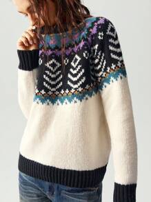 Bohemela Loose Round Neck Long Sleeve Sweater For Women, Vacation Style - White - View 7