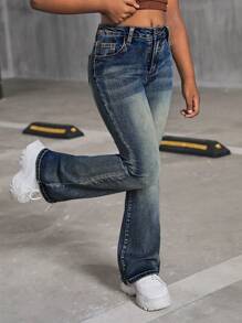 SHEIN Jeans flare in vita alta per ragazze, stile Y2K vintage, lavaggio a effetto grinzoso, outfit casual streetwear per ragazze, look autunnale per il ritorno a scuola