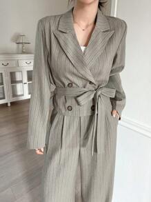 DAZY 女士条纹腰带西装外套及阔腿裤套装，秋季商务装 - 卡其色 - 查看 9