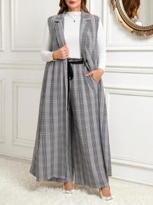 SHEIN Clasi Plus Size Women Plaid Lapel Sleeveless Long Jacket And Wide Leg Pants Casual Suit Set, Autumn