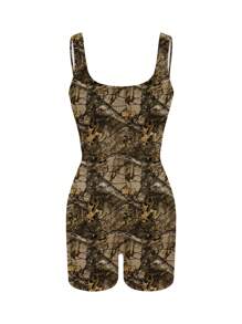 INAWLY 1pc Women Branch Print Sleeveless Bodycon Romper - Khaki - View 3