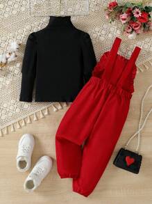 SHEIN 2pcs/Set Young Girl Embroidery Floral Jumpsuit - Burgundy - View 2