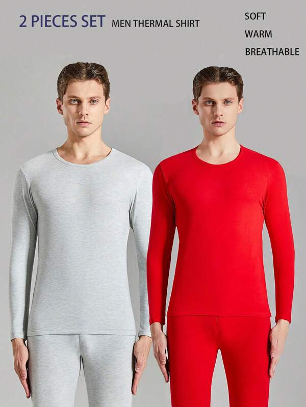 2 pièces/ensemble Top thermique de base à manches longues et col rond, couleur unie, pour hommes