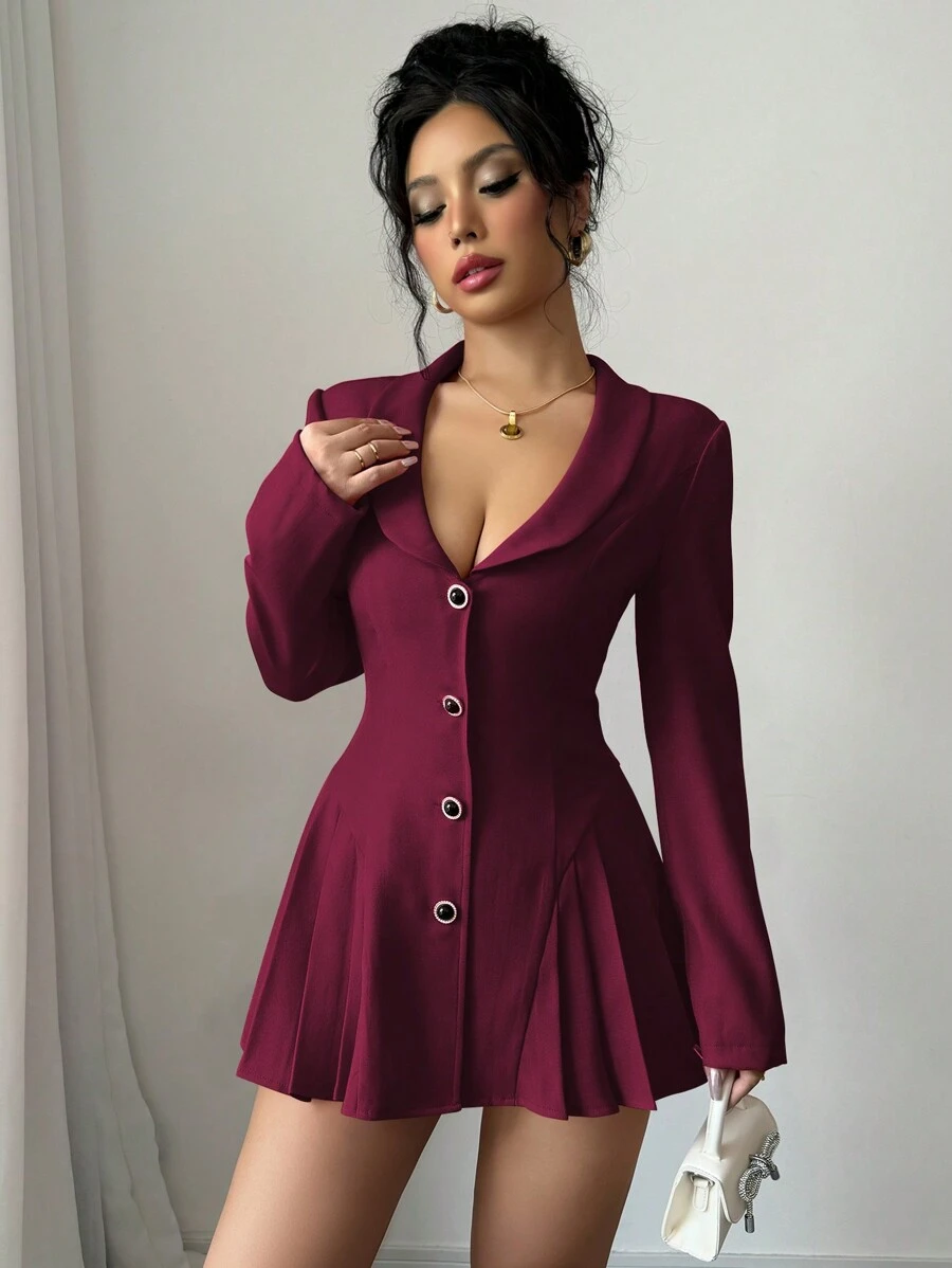 Elenzga Waist Cinched Pleated Heart-Shaped Collar Long A-Line Blazer Fall Cloth For Women - Burgundy - View 1