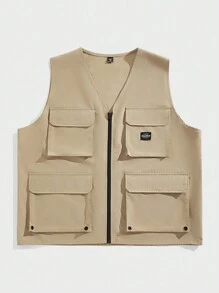 EASEVO 大码男式编织防水无袖休闲前开背心适合徒步旅行和户外运动 - 卡其色 - 查看 1