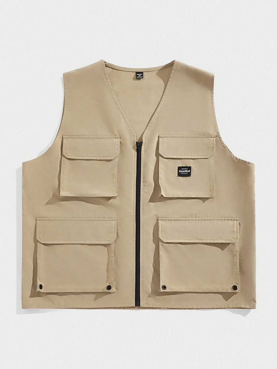 EASEVO 大码男式编织防水无袖休闲前开背心适合徒步旅行和户外运动 - 卡其色 - 查看 1