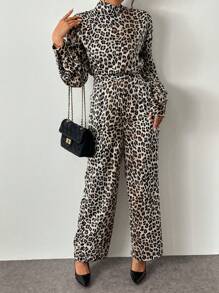 Chiquease Women's Casual Leopard Print Keyhole Back Jumpsuit With Stand Collar And Waist Cinch, For Autumn - Khaki - View 6