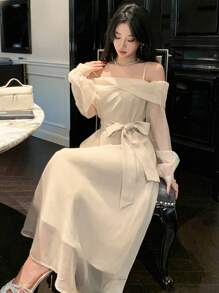 DAZY Women's Off Shoulder Solid Color Mid-Length Mesh Dress,Elegant Beige Autumn Party Prom Dress,Long Sleeve Birthday New Year Eve Back To School Clothes - Beige - View 5