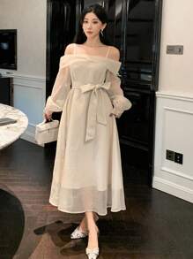 DAZY Women's Off Shoulder Solid Color Mid-Length Mesh Dress,Elegant Beige Autumn Party Prom Dress,Long Sleeve Birthday New Year Eve Back To School Clothes - Beige - View 7