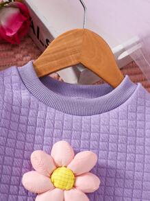 Baby Girl Floral Decor Round Neck Long Sleeve Patchwork Ruffle Hem Sweatshirt For Autumn - Hot Pink - View 4