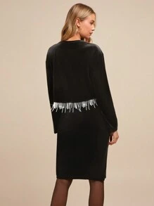 SHEIN Clasi 2pcs Pearl Tassel Party Slit Outfit For Women Christmas - Black - View 2