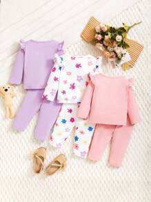 SHEIN 3pcs/Set Baby Girl Floral Print Long Sleeve Top And Pants Outfit, For Autumn Outings
