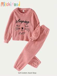 Tween Girl 粉色简约毛绒动物猫图案刺绣长袖上衣和裤子睡衣套装，舒适温暖的家居服