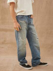 Men Premium 91% Cotton Denim And Repair Straight Leg Jeans - Medium Wash - View 6