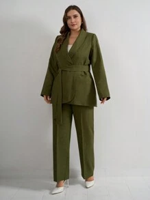 SHEIN Cottnline Plus Size Women's Long Jacket And Straight Pant Two Pieces Set - Army Green - View 4