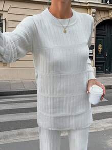 EURMUSE Casual Crew Neck Rib Knit Combined Cable Knit Sweater & Wide Leg Rib Knit Sweater Pants 2 Piece Knit Set - Apricot - View 2