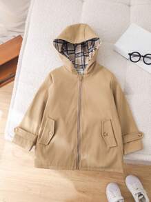 SHEIN 1 件年轻男童休闲可爱连帽格子印花风衣，适合旅行、上学、秋冬季 - 卡其色 - 查看 6