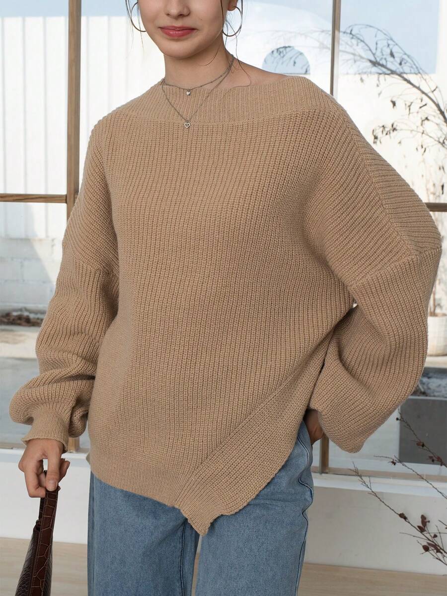 INAWLY 女士纯色不对称肩长袖休闲毛衣