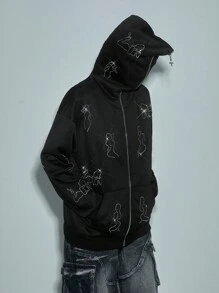 SHEIN EZwear Sudadera con capucha minimalista para mujer con cremallera frontal, manga larga y decoración de rhinestones