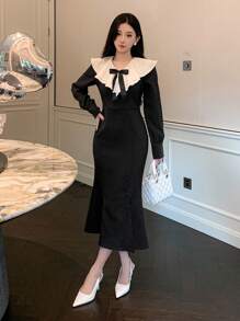 DAZY Color Block Ruffle Collar Bow Decor Women's Midi Dress, Birthday ,New Year Eve Prom Dress,Fall Clothes - Black - View 6