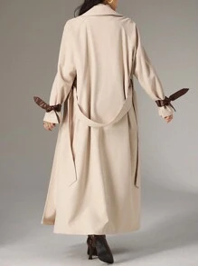 Heiryn Women's Solid Color Splice Front Button Long Sleeve Stand Collar Casual Trench Coat - Apricot - View 2