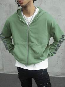 PAVTROS Manfinity Streetrush Men's Casual Letter Print Zip-Up Hoodie Sweatshirt For Everyday Wear, Autumn - Mint Green - View 1