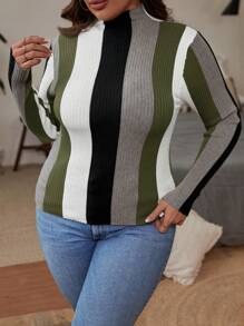 SHEIN Clasi Große Größen Farbblockstreifen-Muster Stehkragen Langarm Pullover - Armeegrün - Übersicht 3