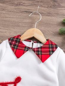 SHEIN 2pcs/Set Baby Girl Christmas Cute Red And White Plaid Outfit,Ruffled Collar Sweatshirt&Pleated Skirt,Autumn Back-To-School Holiday Party Clothes - White - View 3