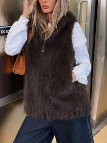 Aveloria Affinna 冬季新款女士背心、拉链短夹克 - 棕色 - 查看 4