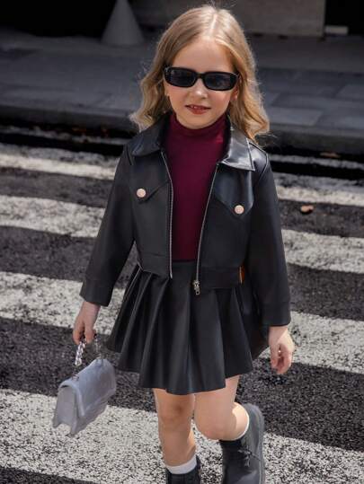 Elladie kids 3pcs Young Girls Casual Black Long Sleeve Round Neck Faux Leather Jacket + Burgundy Turtleneck Top + Mini Skirt Outfit, Sweet&Cool Style, Autumn/Winter