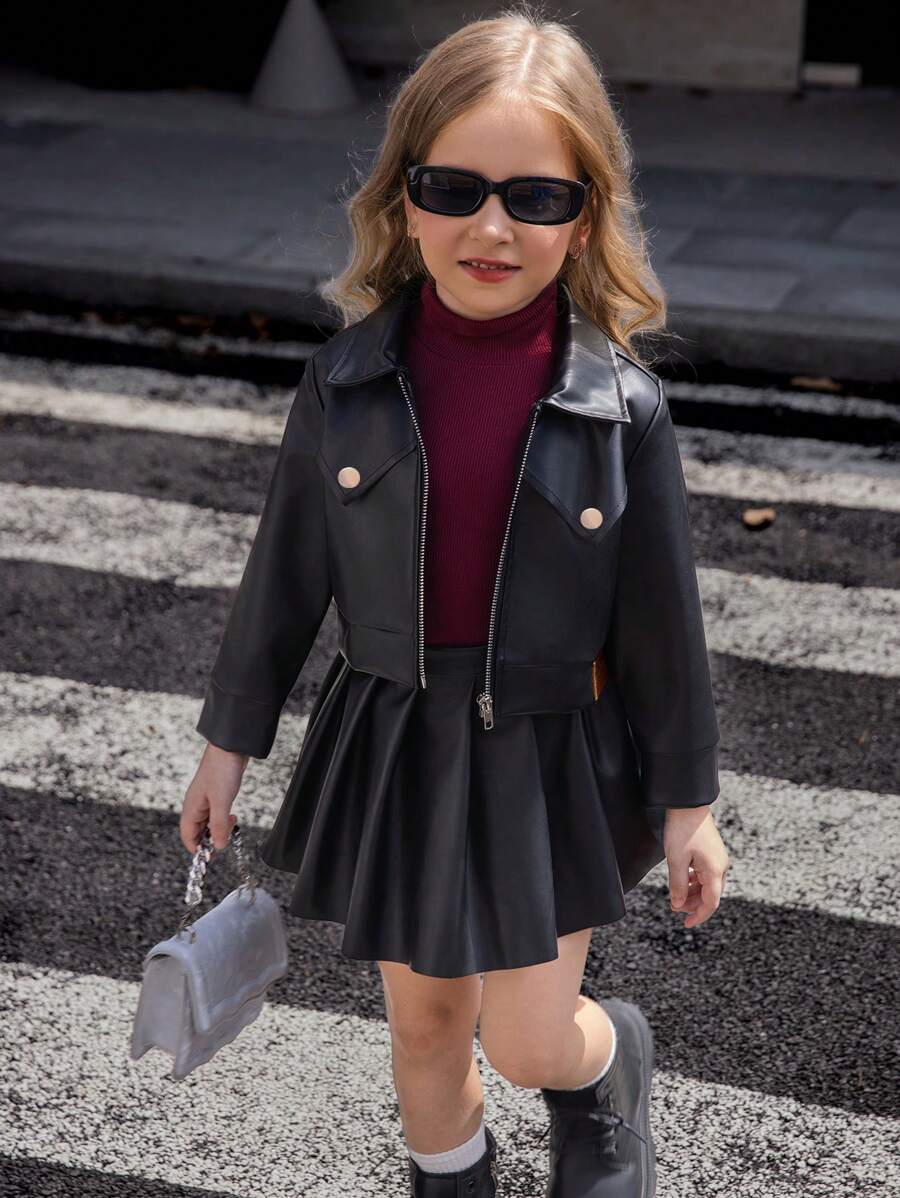 Elladie kids 3pcs Young Girls Casual Black Long Sleeve Round Neck Faux Leather Jacket + Burgundy Turtleneck Top + Mini Skirt Outfit, Sweet&Cool Style, Autumn/Winter - Black - View 1