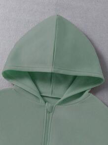 2pcs/Set Teen Girl Plain Front Zip Hoodie Top With Pocket & Pants Casual Tracksuit - Green - View 3
