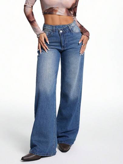 SHEIN EZwear 街頭風寬鬆中腰女士牛仔褲