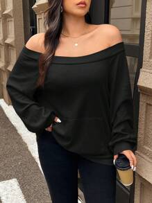 SHEIN Frenchy 大码纯色露肩长袖简约运动衫、休闲日常穿着、机场装 - 黑色 - 查看 1