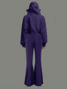 SHEIN EZwear 2 件套女士休闲宽松拉链连帽衫和阔腿裤，健身健身服运动套装，秋冬 - 紫色 - 查看 2