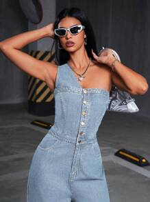 SHEIN ICON Damen Sommer lässiger Streetstyle Knopfverschluss Weites Bein Denim Jumpsuit - Mittele Waschung - Übersicht 3