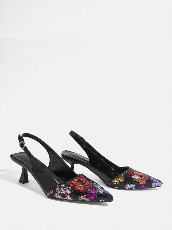 CUCCOO TILAWA Sexy & Stylish Black Sequin Pointed Toe Low Heel Casual Slingback Women Pumps Spring Shoes Spring Break Easter Prom Heels