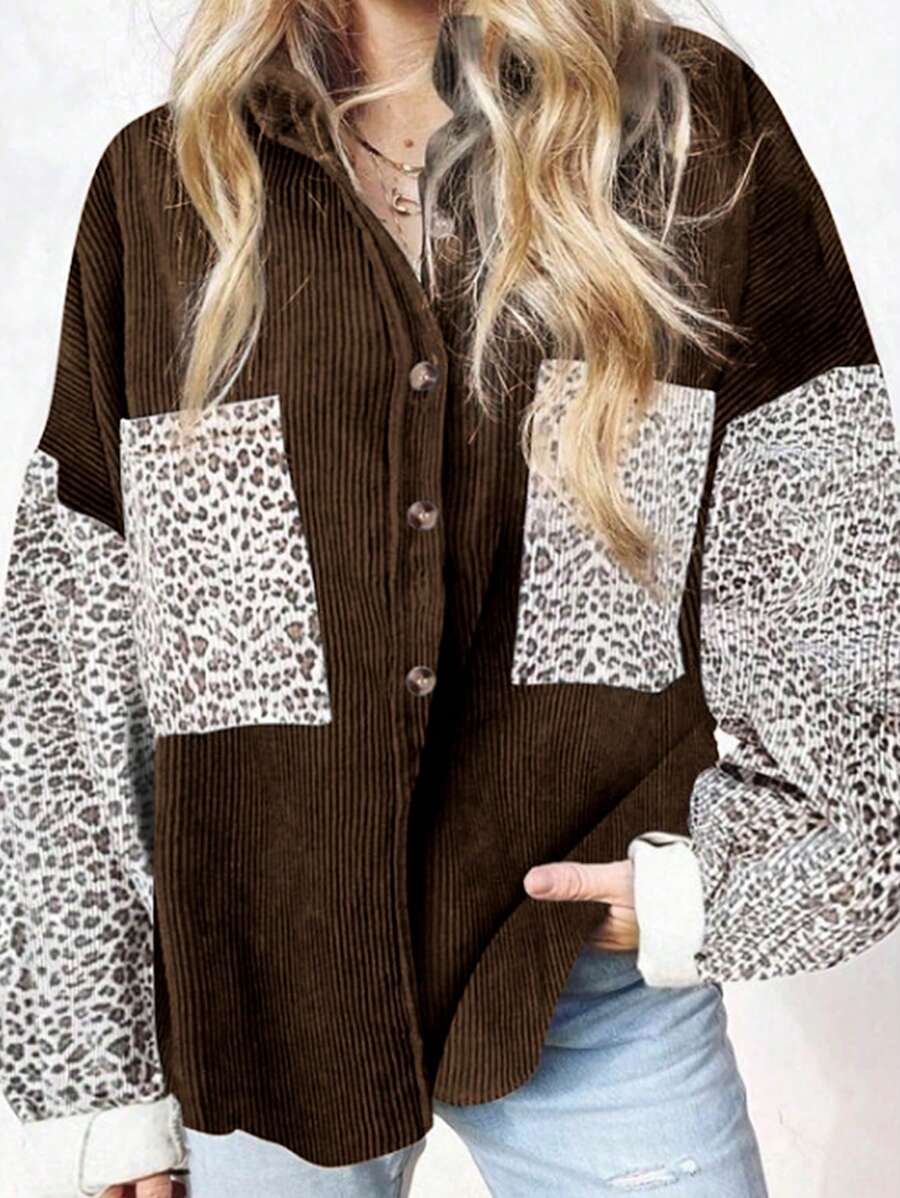 INAWLY Áo khoác đơn giản thường ngày tay dài cài nút phía trước màu trơn cỡ lớn - màu nâu - Xem 1