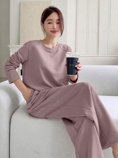 DAZY 2pcs Women's Casual Solid Color Asymmetric Sweatshirt And Wide Leg Pants Set, Autumn,Fall Women Clothes Lounge Sets For Women