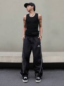 Manfinity Campus Court Aesthetic Post--Men Contrast Color Trimmed Drawstring Pocket Casual Loose Pants, Fall