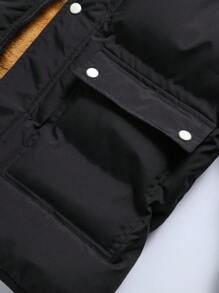 Manfinity Homme 男式纯色长袖衬里毛茸茸拼接连帽棉服外套，冬季 - 黑色 - 查看 5