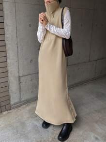 FRIFUL Robe longue en tricot à col montant et boutons latéraux unicolore décontractée pour l'automne et l'hiver - Kaki - Voir 1