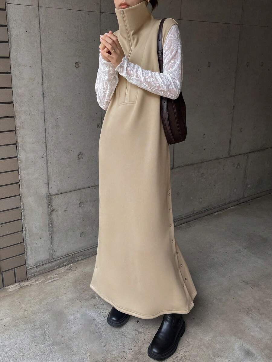 FRIFUL Robe longue en tricot à col montant et boutons latéraux unicolore décontractée pour l'automne et l'hiver - Kaki - Voir 1