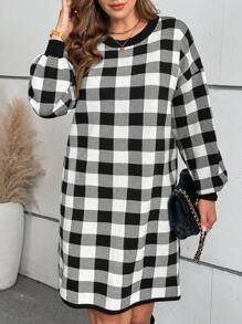 EMERY ROSE Plus Size Women Casual Plaid Lantern Sleeve Knitted Sweater Dress, Autumn/Winter - Black and White - View 3